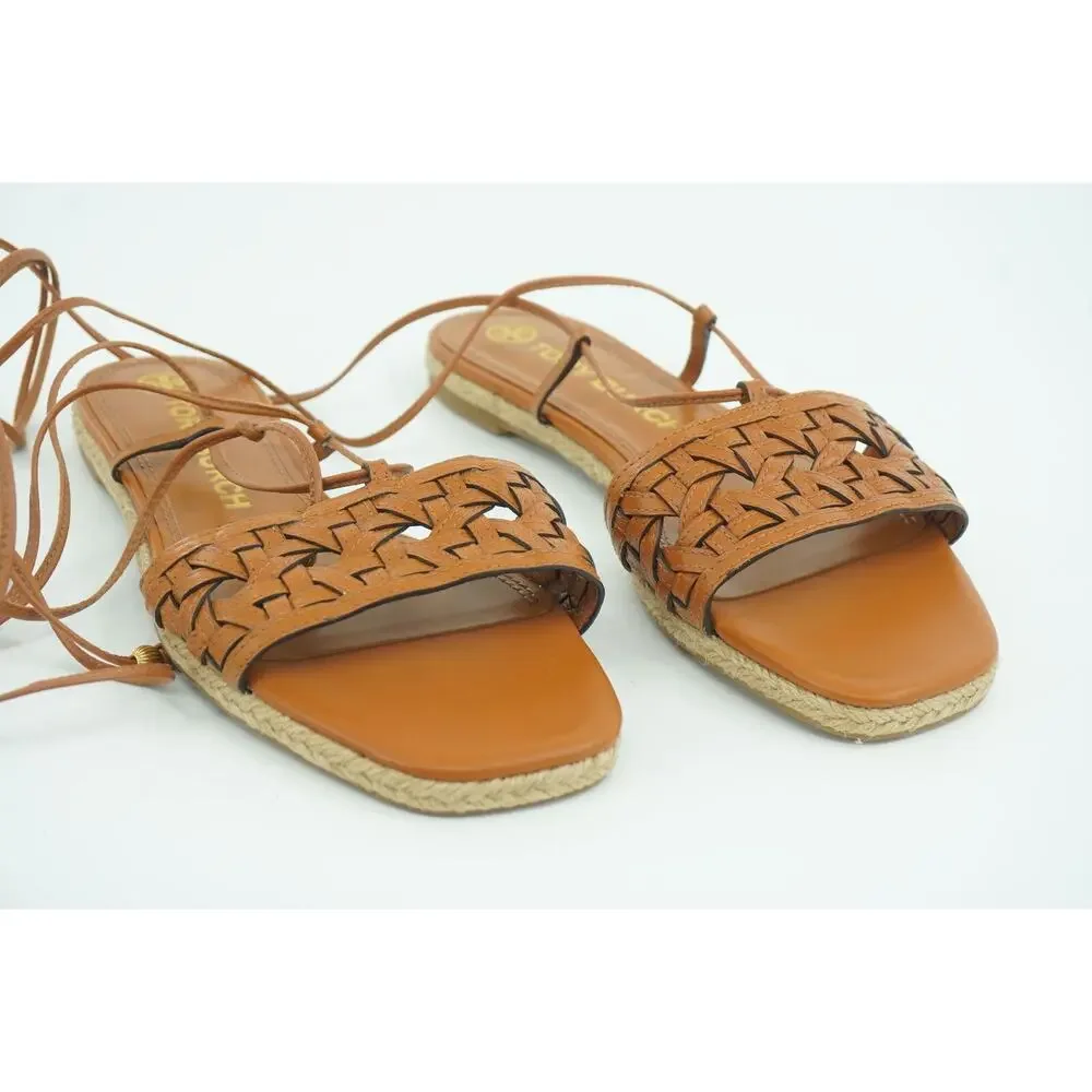 Tory Burch Basketweave Woven Ankle Wrap Espadrille Sandal Size 8 Tie Strap $245